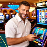 **

A casino dealer confidently using a Casino Management System (CMS) on a tablet. The dealer is smiling, assisting a customer. The screen displays customer data, like loyalty points and game preferences. In the background, there are slot machines and gaming tables. Focus is on the dealer's efficiency and tech-savviness.

**