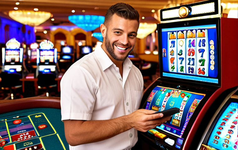 **

A casino dealer confidently using a Casino Management System (CMS) on a tablet. The dealer is smiling, assisting a customer. The screen displays customer data, like loyalty points and game preferences. In the background, there are slot machines and gaming tables. Focus is on the dealer's efficiency and tech-savviness.

**