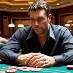 **A casino dealer skillfully managing a poker table, maintaining a calm and professional demeanor despite a disgruntled player who is losing money. Focus on the dealer's composed expression and body language.** (Keywords: casino dealer, poker table, calm, professional, disgruntled player, composure)
