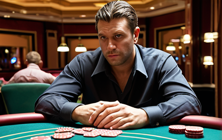 **A casino dealer skillfully managing a poker table, maintaining a calm and professional demeanor despite a disgruntled player who is losing money. Focus on the dealer's composed expression and body language.** (Keywords: casino dealer, poker table, calm, professional, disgruntled player, composure)