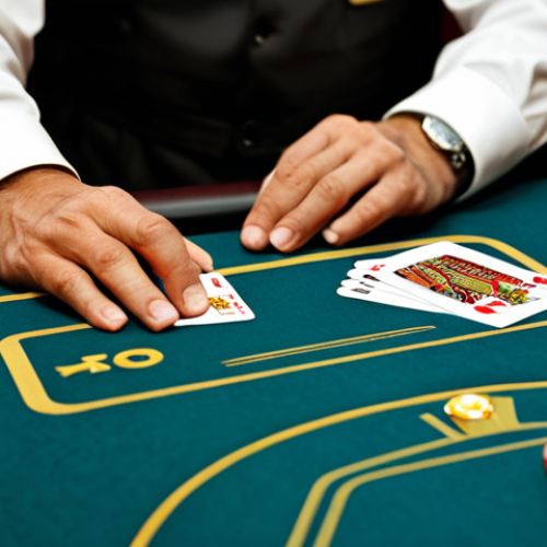 Home 10 Dealing with Pressure**
"A casino dealer in a fully clothed uniform, professionally dealing cards at a blackjack table. Focus on their calm, focused expression despite the surrounding activity. Chips are neatly stacked. Background shows blurred casino patrons. Perfect anatomy, correct proportions, well-formed hands. Safe for work, appropriate content, professional, modest, family-friendly."
**